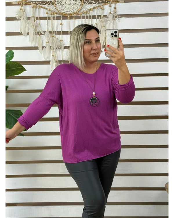 İtalyan Tasarım Kolyeli Yuvarlak Yaka Yumuşak Triko Bluz Leylak