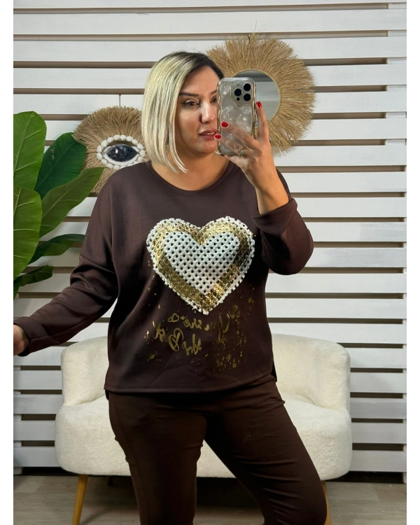 İtalyan Tasarım Kalp İşleme Yaldız Detaylı Bluz Kahve