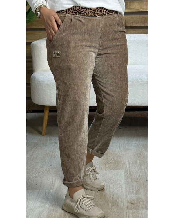 İtalyan Tasarım Leopar Desen Kemerli Kadife Boyfriend Pantolon Camel