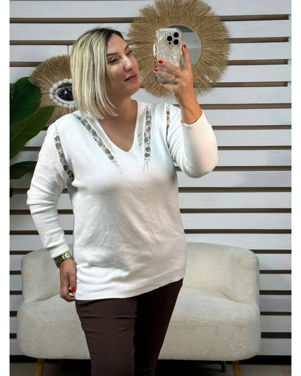 İtalyan Tasarım Leopar Desen Taşlı Triko Bluz Beyaz