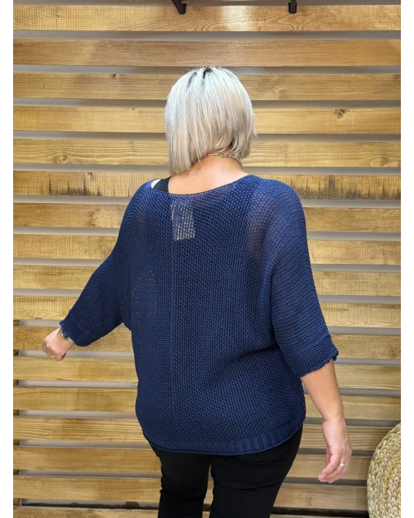 İtalyan Tasarım Merserize V Yaka Bluz Lacivert