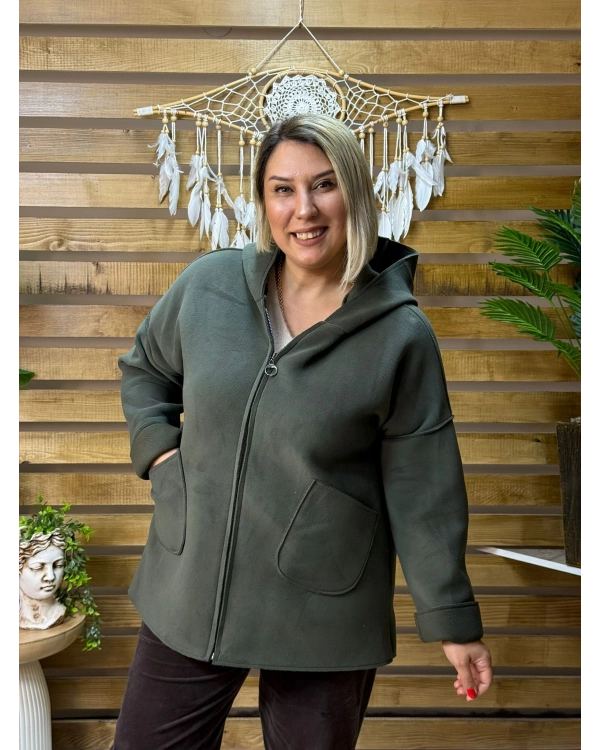 İtalyan Tasarım Nubuk Süet Kapüşonlu Ceket Haki