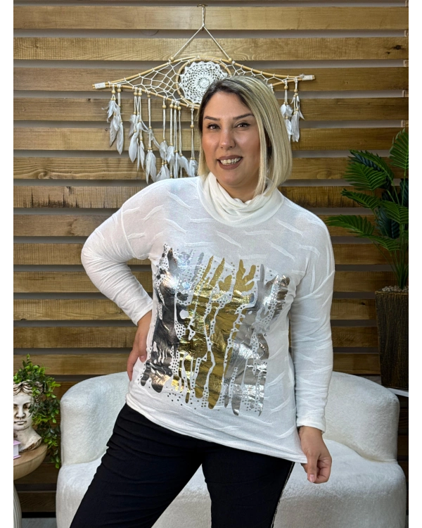 İtalyan Tasarım Önü Gümüş Baskılı Degaje Yaka Bluz Beyaz