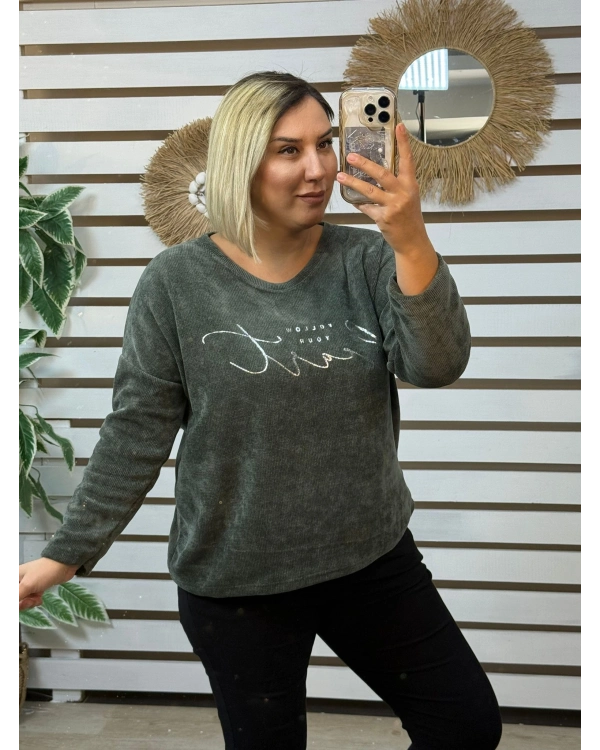 İtalyan Tasarım Önü Gümüş Yazı İşlemeli Kadife Bluz Haki