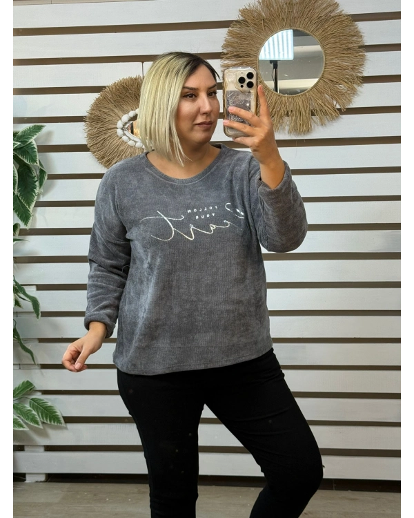 İtalyan Tasarım Önü Gümüş Yazı İşlemeli Kadife Bluz Gri