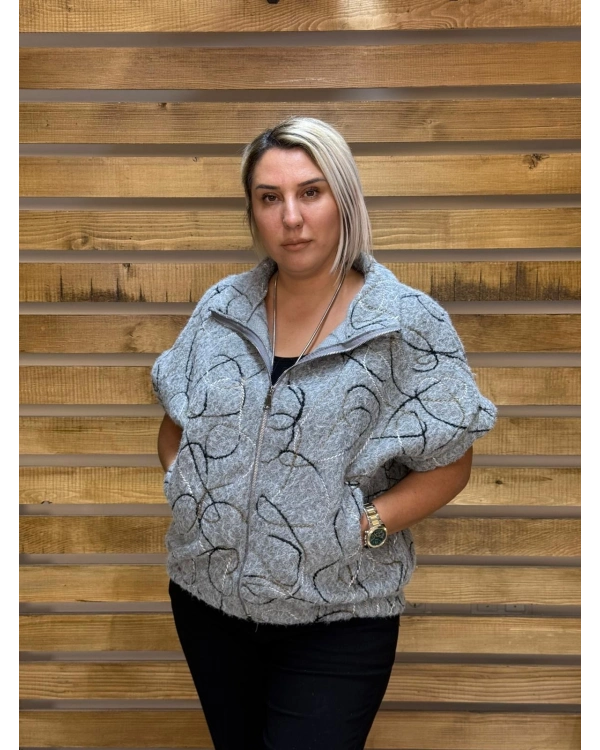 İtalyan Tasarım Rafya Desen Fermuarlı Keçe Ceket Gri