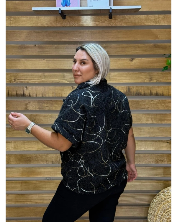 İtalyan Tasarım Rafya Desen Fermuarlı Keçe Ceket Siyah