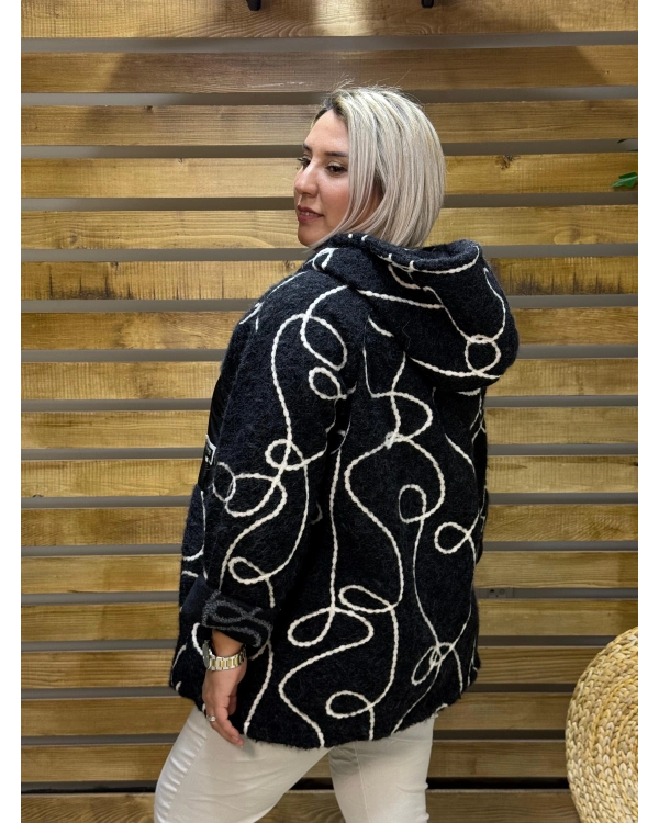 İtalyan Tasarım Rafya Desen Fermuarlı Yün Keçe Ceket Siyah