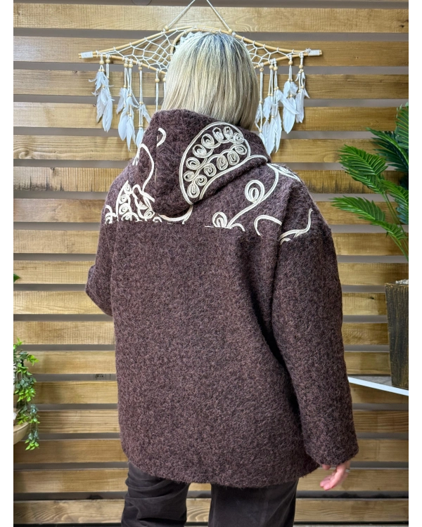 İtalyan Tasarım Şerit Desen Kapüşonlu Keçe Ceket Kahve