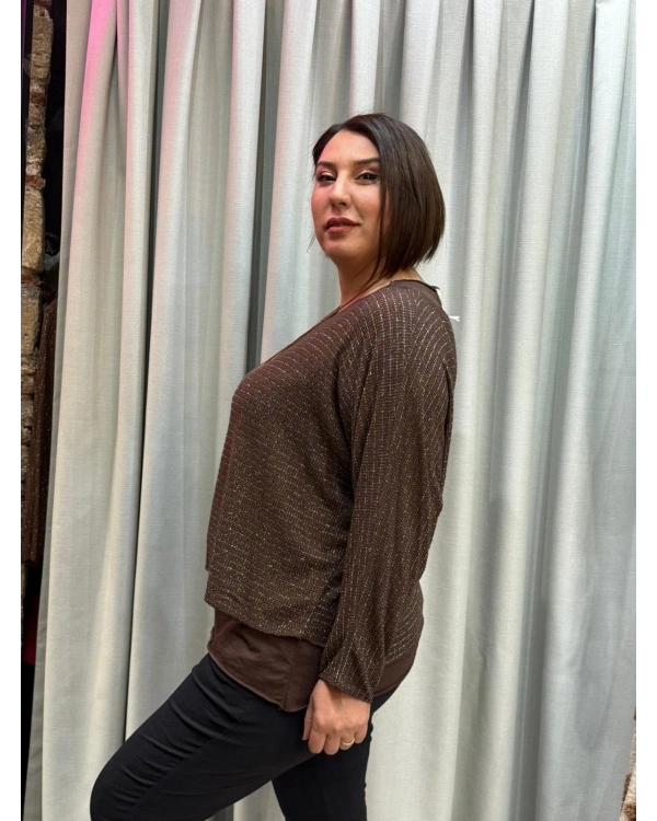 İtalyan Tasarım Simli Düz Desen Atletli ve Kolye Hediyeli Bluz Kahve