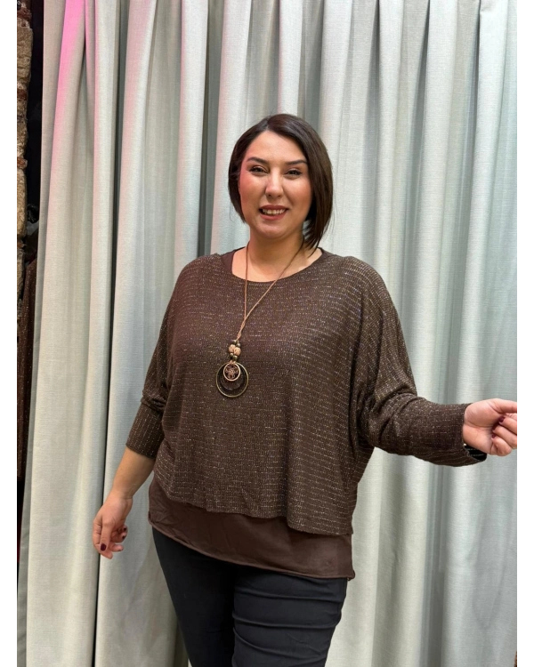 İtalyan Tasarım Simli Düz Desen Atletli ve Kolye Hediyeli Bluz Kahve