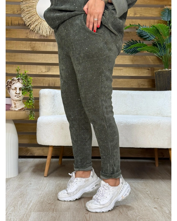 İtalyan Tasarım Taş İşlemeli Fermuarlı Kapüşonlu Kadife Takım Haki