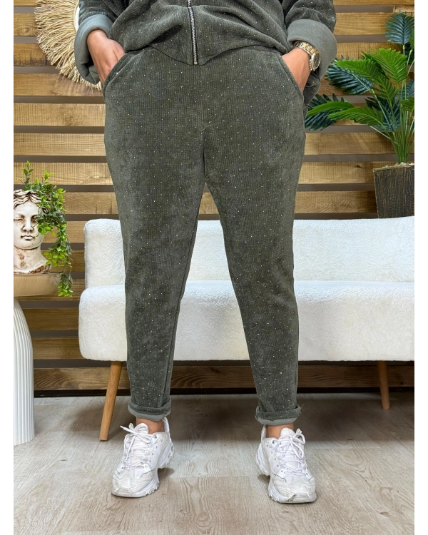 İtalyan Tasarım Taş İşlemeli Fermuarlı Kapüşonlu Kadife Takım Haki