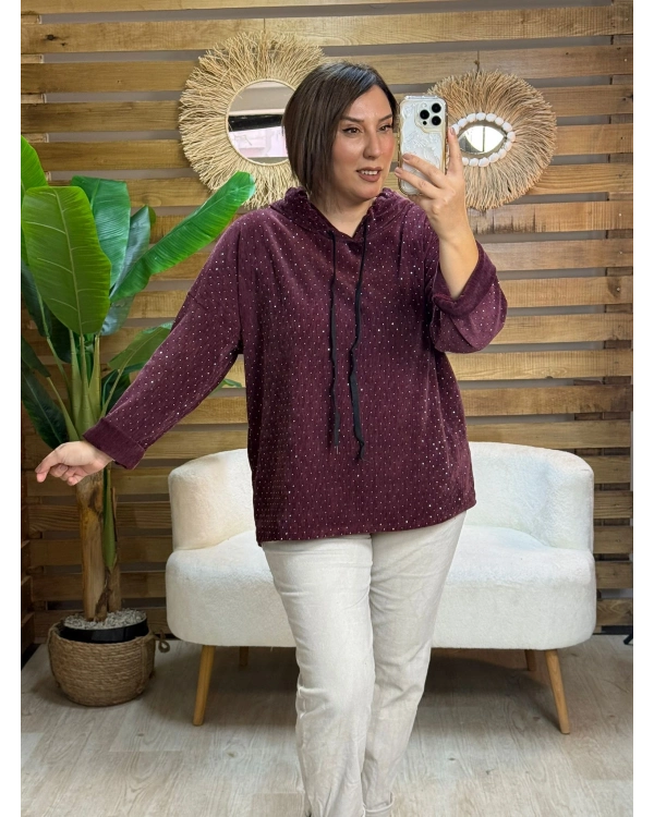 İtalyan Tasarım Taş İşlemeli Işıltılı Kapşonlu Sweatshirt Bordo