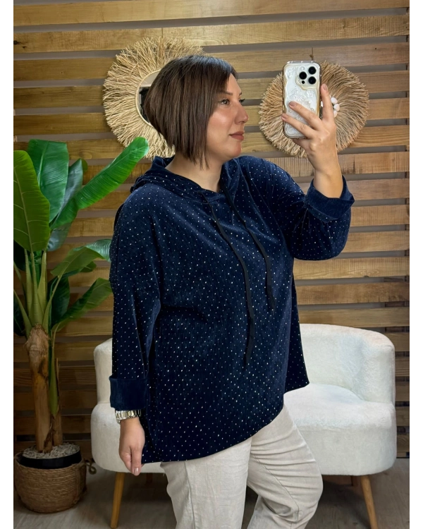 İtalyan Tasarım Taş İşlemeli Işıltılı Kapşonlu Sweatshirt Lacivert