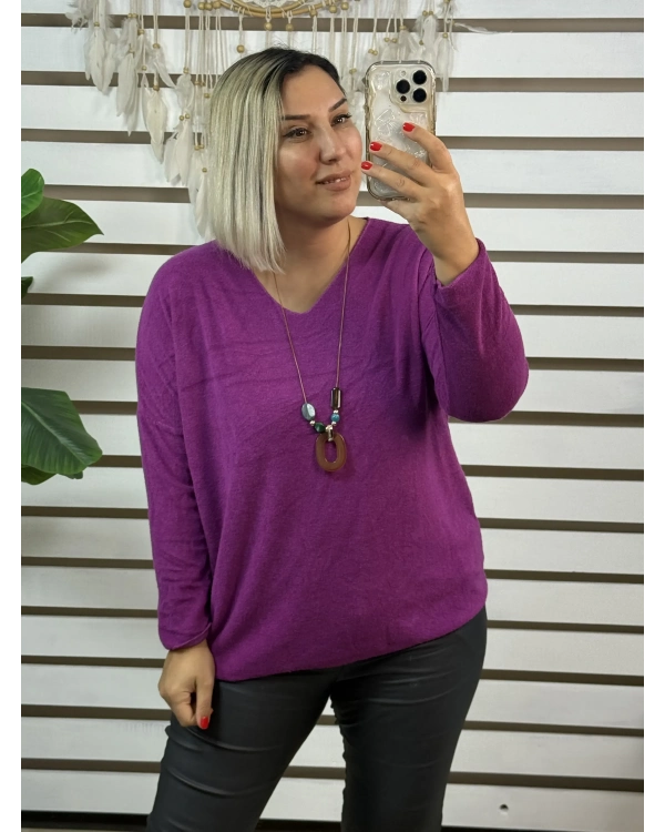 İtalyan Tasarım V Yaka Kolyeli Dokulu Bluz Leylak