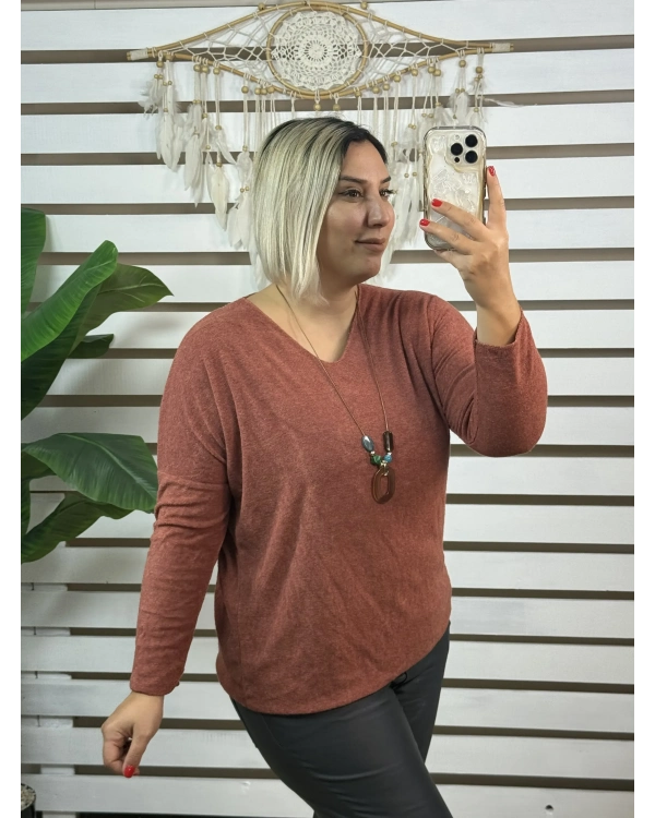 İtalyan Tasarım V Yaka Kolyeli Dokulu Bluz Kiremit