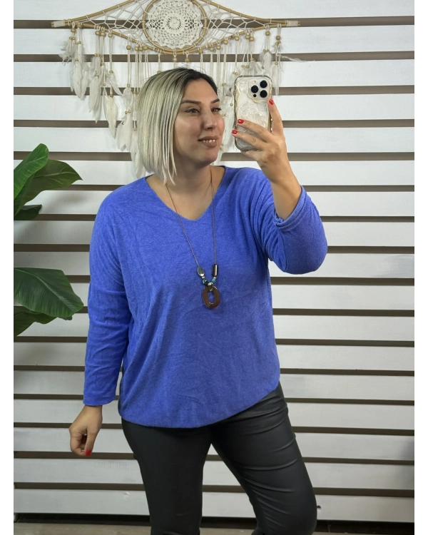 İtalyan Tasarım V Yaka Kolyeli Dokulu Bluz Mavi