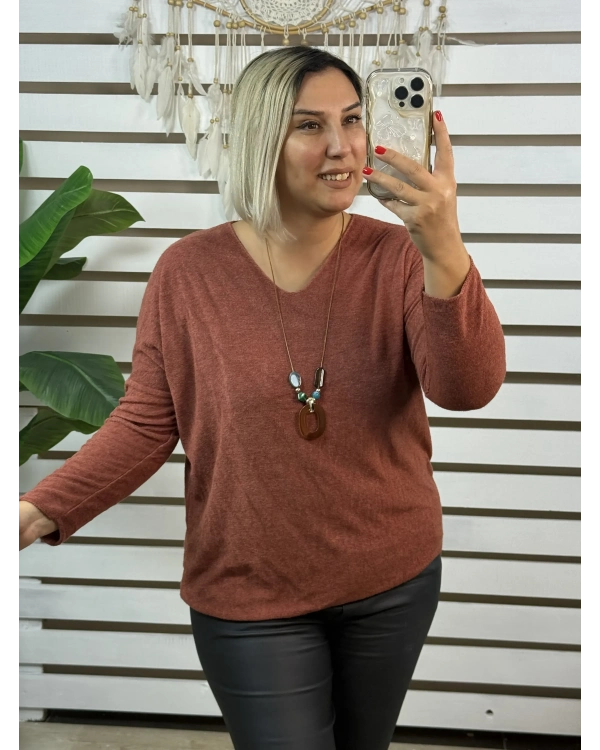 İtalyan Tasarım V Yaka Kolyeli Dokulu Bluz Kiremit