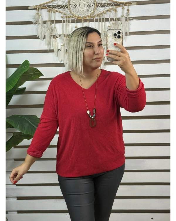 İtalyan Tasarım V Yaka Kolyeli Dokulu Bluz Kırmızı
