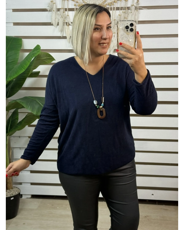 İtalyan Tasarım V Yaka Kolyeli Dokulu Bluz Lacivert