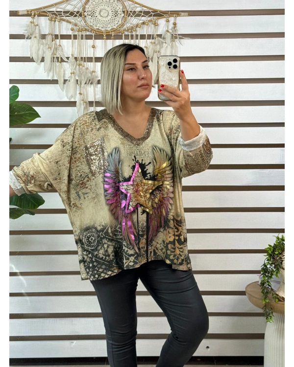 İtalyan Tasarım V Yaka Ön Detaylı Bluz Yıldız