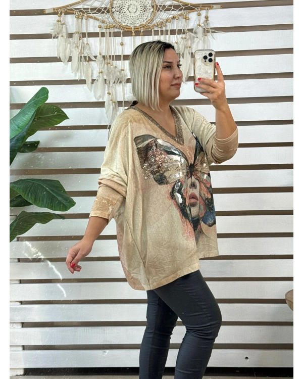 İtalyan Tasarım V Yaka Ön Detaylı Bluz Kelebek