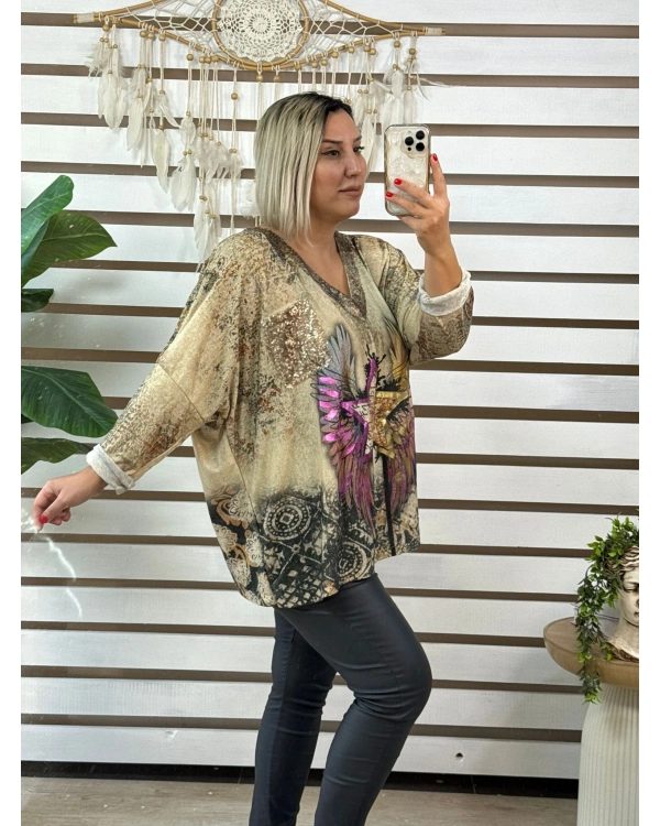 İtalyan Tasarım V Yaka Ön Detaylı Bluz Yıldız