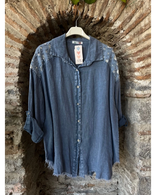 İtalyan Tasarım Yakası İşlemeli Uzun Kol Saçak Detay Gömlek Ceket Mavi