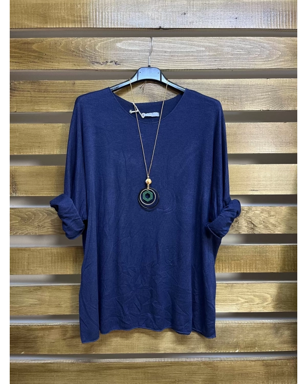 İtalyan Tasarım Yuvarlak Yaka Hamur Triko Bluz Lacivert