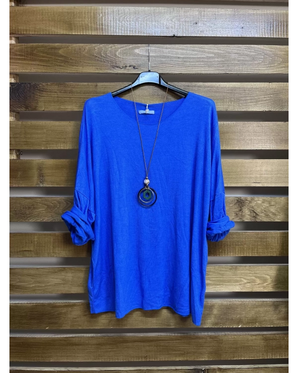 İtalyan Tasarım Yuvarlak Yaka Hamur Triko Bluz Saks Mavi
