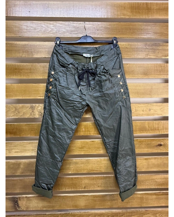 İtalyan Tasarım Zımba Detaylı Deri Pantolon Haki