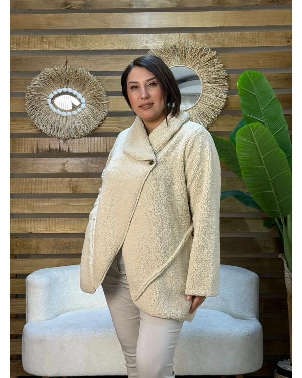 Tasarım Özel Yaka Kuzu Ceket Krem