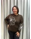 İtalyan Tasarım Çiçek İşlemeli Yumuşak Triko Bluz Acı Kahve