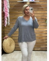 İtalyan Tasarım Fitilli V Yaka Bluz Gri