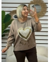 İtalyan Tasarım Kalp Desen Yaldızlı File Detaylı Bluz Cappucino