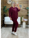 İtalyan Tasarım Kapüşonlu Işıltılı Taş İşlemeli Kadife Takım Bordo