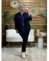 İtalyan Tasarım Kapüşonlu Işıltılı Taş İşlemeli Kadife Takım Lacivert