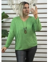 İtalyan Tasarım V Yaka Kolyeli Dokulu Bluz Çimen Yeşili