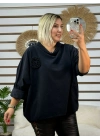 İtalyan Tasarım Degaje Yaka Broş Detaylı Rahat Kadife Bluz Siyah