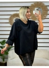 İtalyan Tasarım Degaje Yaka Broş Detaylı Rahat Kadife Bluz Siyah