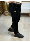 İtalyan Tasarım Leopar Desen Kemerli Kadife Boyfriend Pantolon Siyah