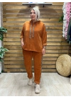 İtalyan Tasarım Leopar Desenli Kadife Takım Turuncu