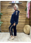 İtalyan Tasarım Leopar Desenli Kadife Takım Lacivert