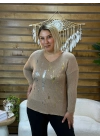 İtalyan Tasarım V Yaka Gümüş Baskılı Bluz Vizon