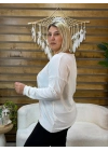 İtalyan Tasarım V Yaka Jadore Angora Bluz Beyaz