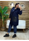 Tasarım Deri Detaylı Kapüşonlu Fleece Mont Lacivert