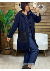 Tasarım Deri Detaylı Kapüşonlu Fleece Mont Lacivert