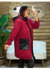 Tasarım Deri Detaylı Kapüşonlu Fleece Mont Kırmızı