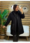 Tasarım Deri Detaylı Kapüşonlu Fleece Mont Siyah